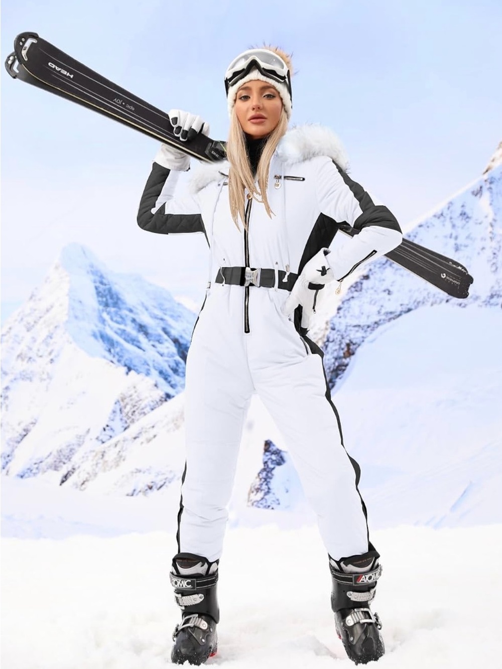 Women’s White Ski Snowsuit with Black Accents
